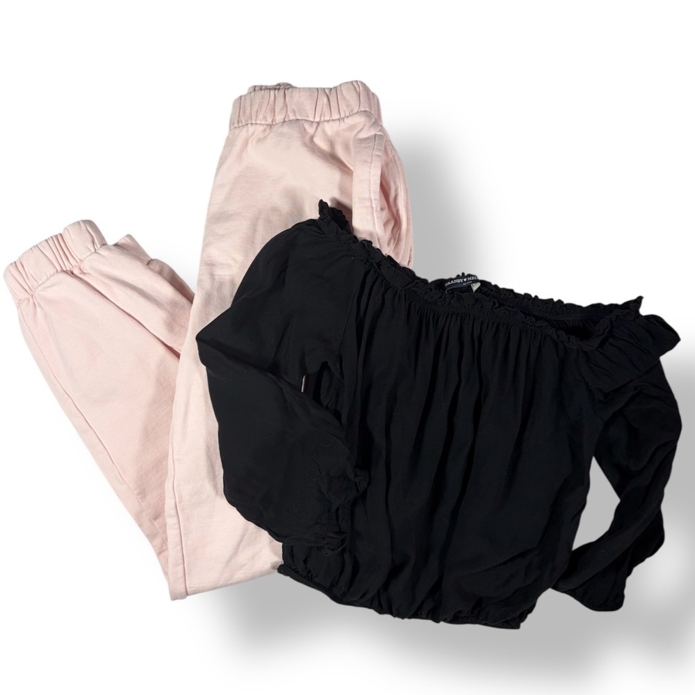 BRANDY MELVILLE John Galt Bundle Black Off Shoulder Crop Top & Pink Jogger Pants